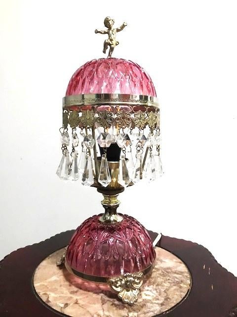 Lampe boudoir cristal taillé rose cadre argenté & putti✨, Enlèvement ou Envoi