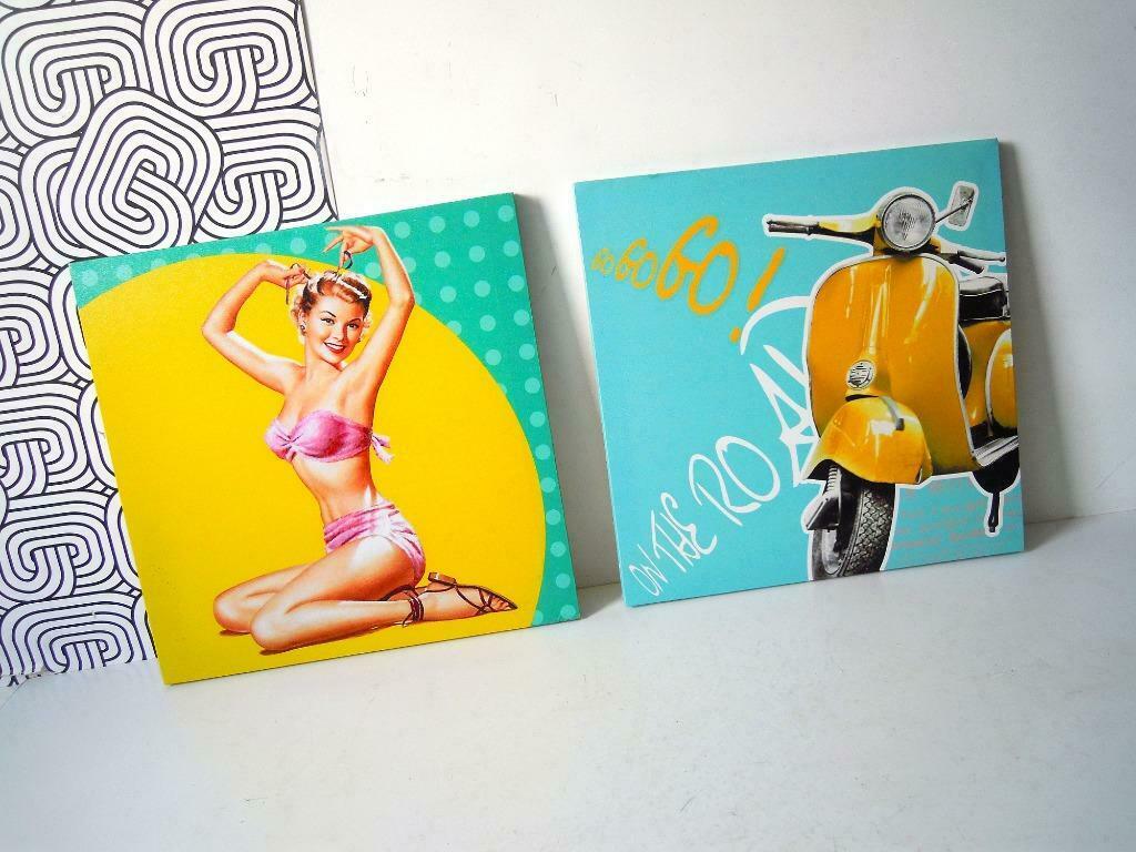 2x Retro reclame uit Fifties op canvas, Antiquités & Art, Curiosités & Brocante, Enlèvement ou Envoi