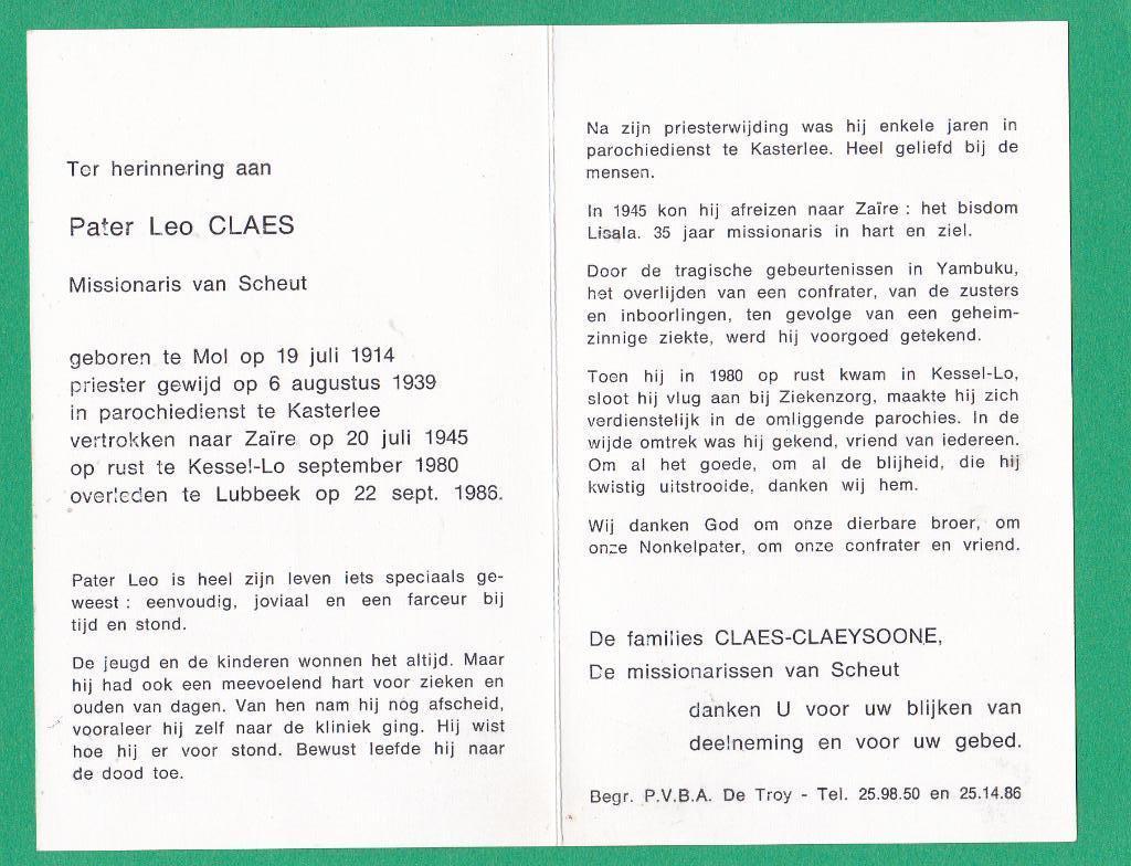 DP Pater Leo Claes, Verzamelen, Bidprentjes en Rouwkaarten, Verzenden, Bidprentje
