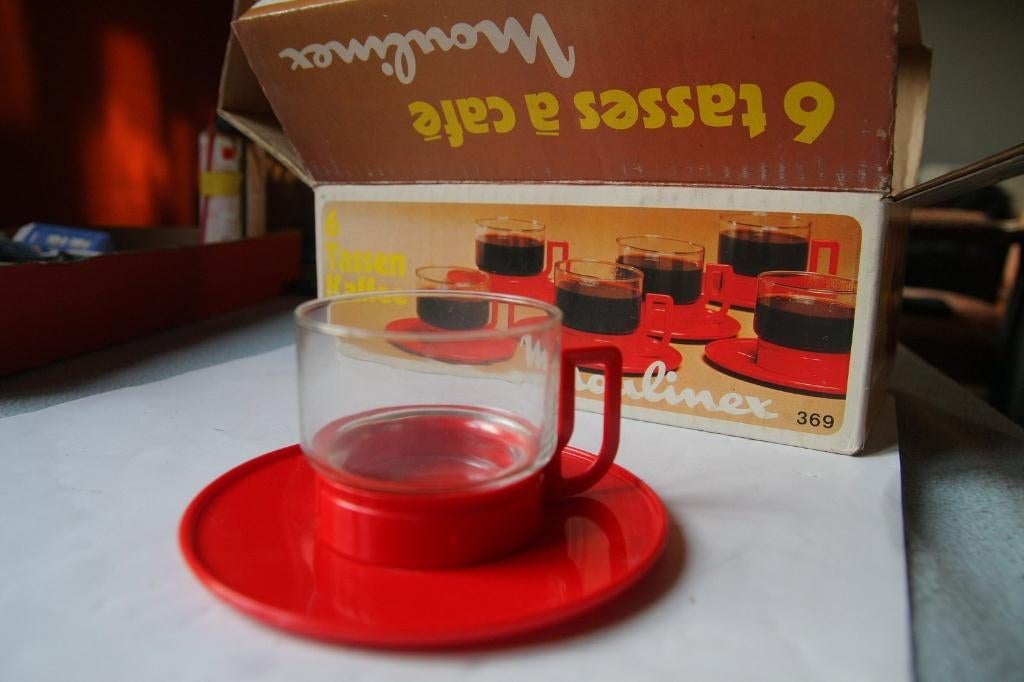 Vintage Set van Moulinex koffiekopjes met originele doos, Verzamelen, Glas en Drinkglazen, Nieuw, Ophalen of Verzenden