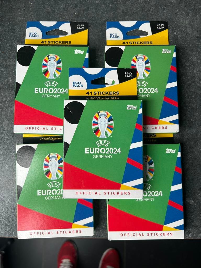 Topps euro 2024 Germany 5 Ecopacks met gouden sp s, Hobby en Vrije tijd, Stickers en Plaatjes, Nieuw, Meerdere stickers, Ophalen of Verzenden