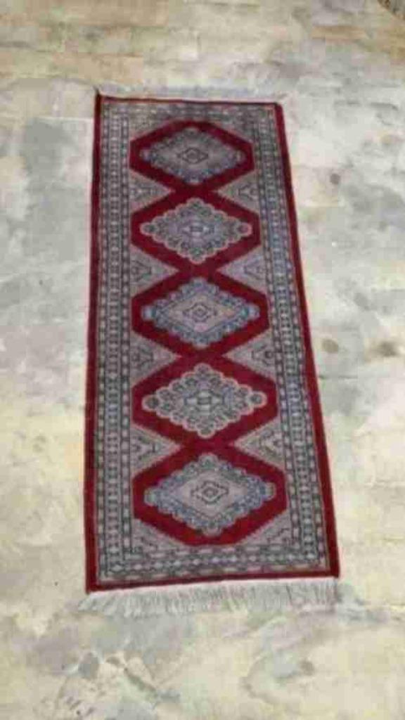 Perzisch handgeknoopt tapijt loper 153/64 rood blauw, Enlèvement ou Envoi