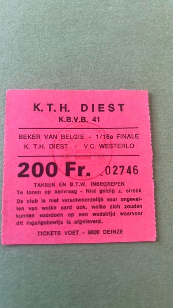 Ticket Diest Westerlo 1989 Beker van België, Verzenden, Gebruikt