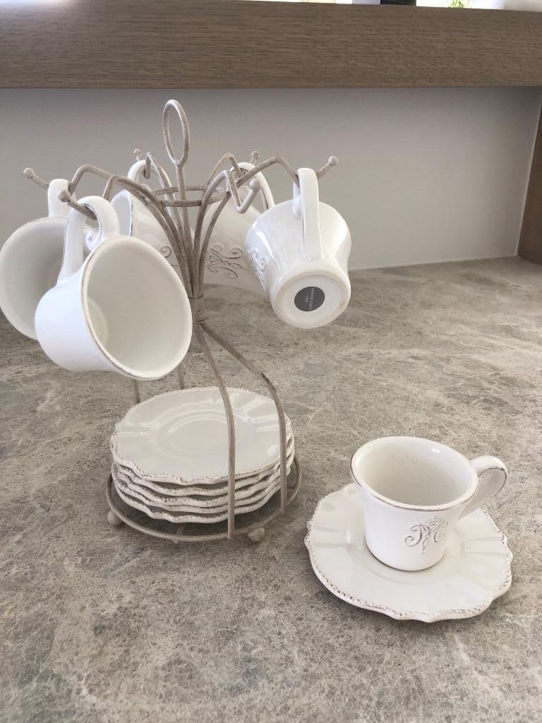 6 espressokopjes met onderbordjes en houder, Huis en Inrichting, Keuken | Servies, Ophalen, Zo goed als nieuw, Overige stijlen