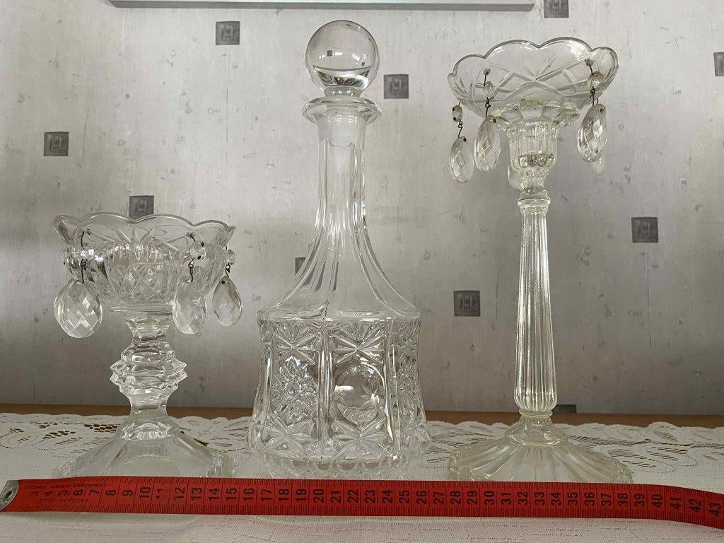 Antiek - Kristallen kaarsenhouders + glazen fles, Antiek en Kunst, Ophalen of Verzenden