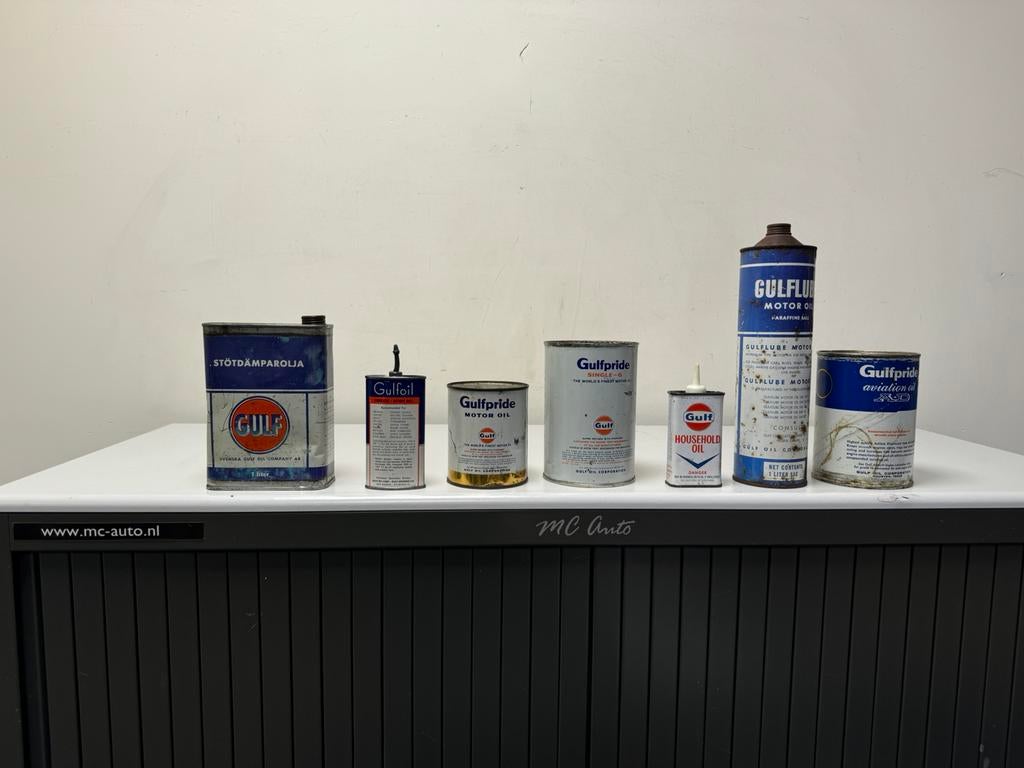 Gulf oude garage olie blikken te koop, Verzamelen, Ophalen of Verzenden, Gebruikt, Reclamebord