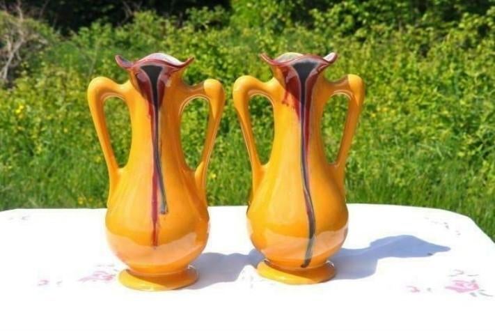 § paire de vases en faience orange coulée bleu bordeau, Enlèvement ou Envoi