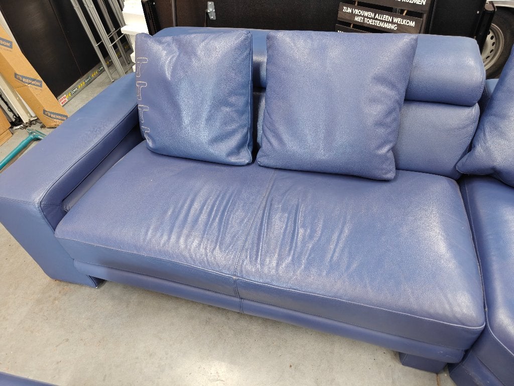 Groot lederen hoeksalon (blauw) met grote hocker/poef, Huis en Inrichting, Zetels | Zetels, Ophalen, Gebruikt, 150 tot 200 cm
