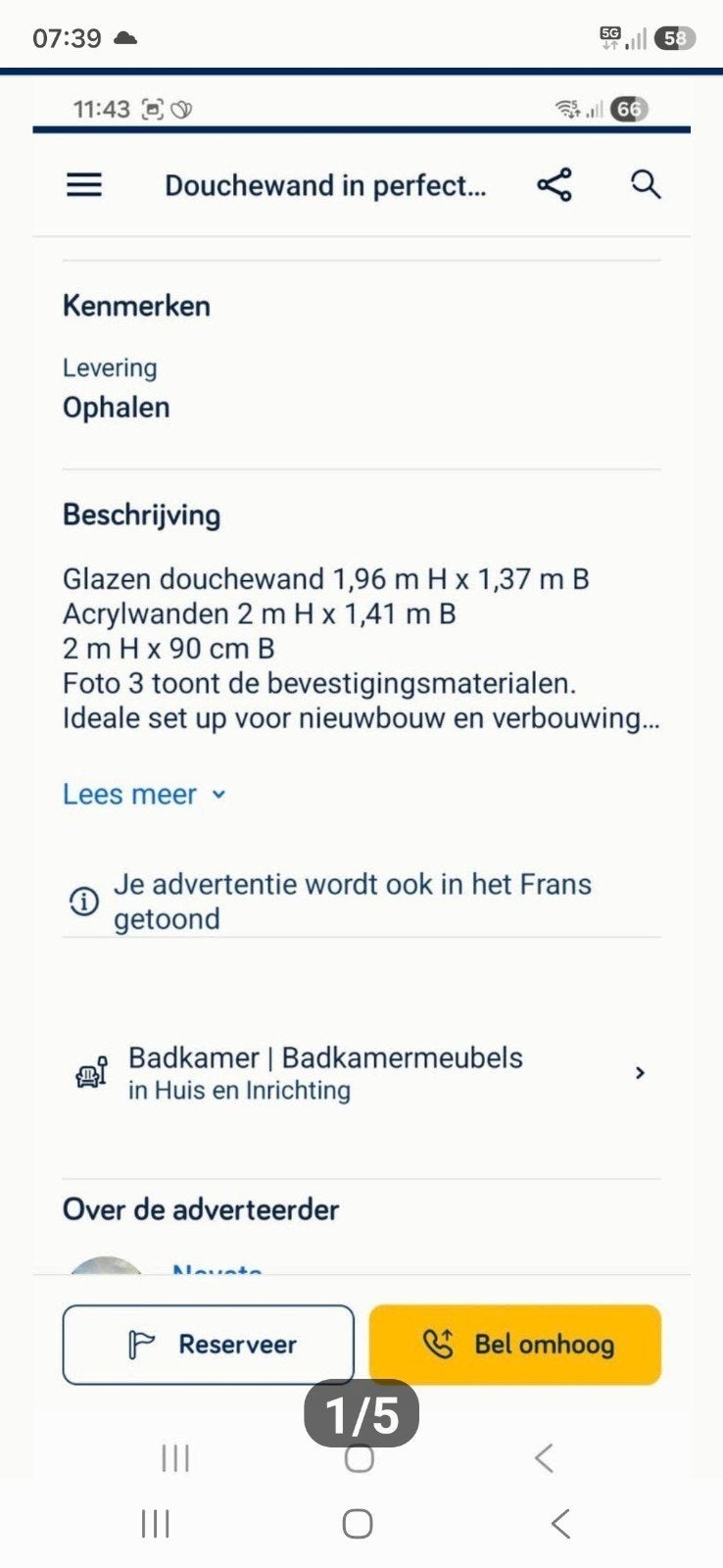Glazen douchewand en acrylwanden zeer goede staat DRINGEND, Ophalen