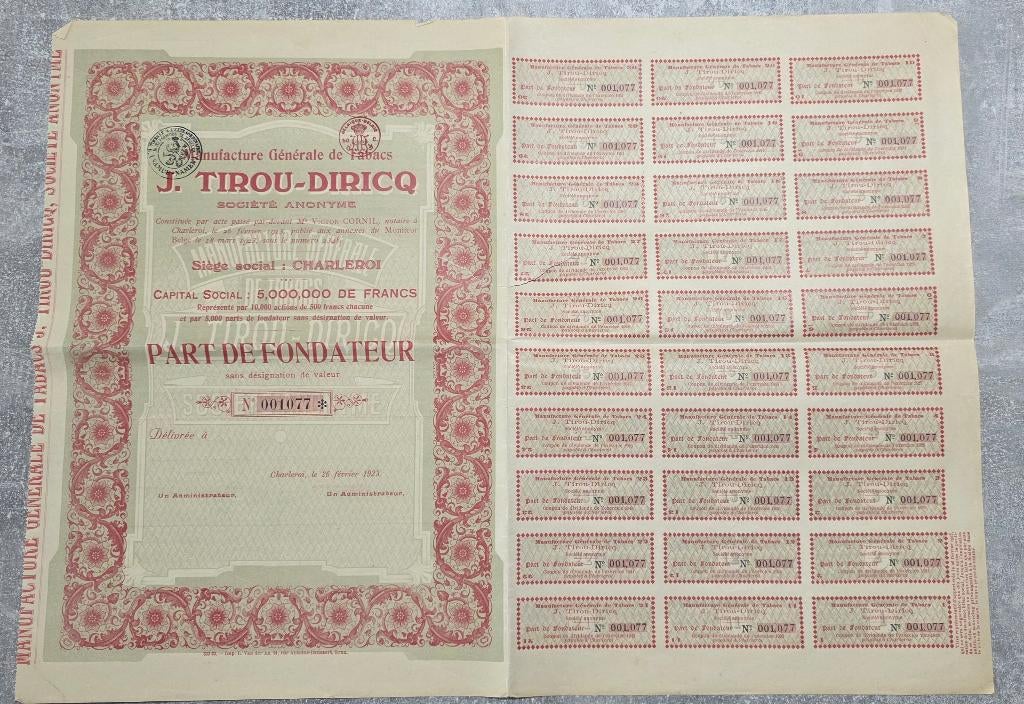 Titre au porteur+Tabac+Joseph Tirou+Charleroi, Enlèvement, 1920 à 1950, Action