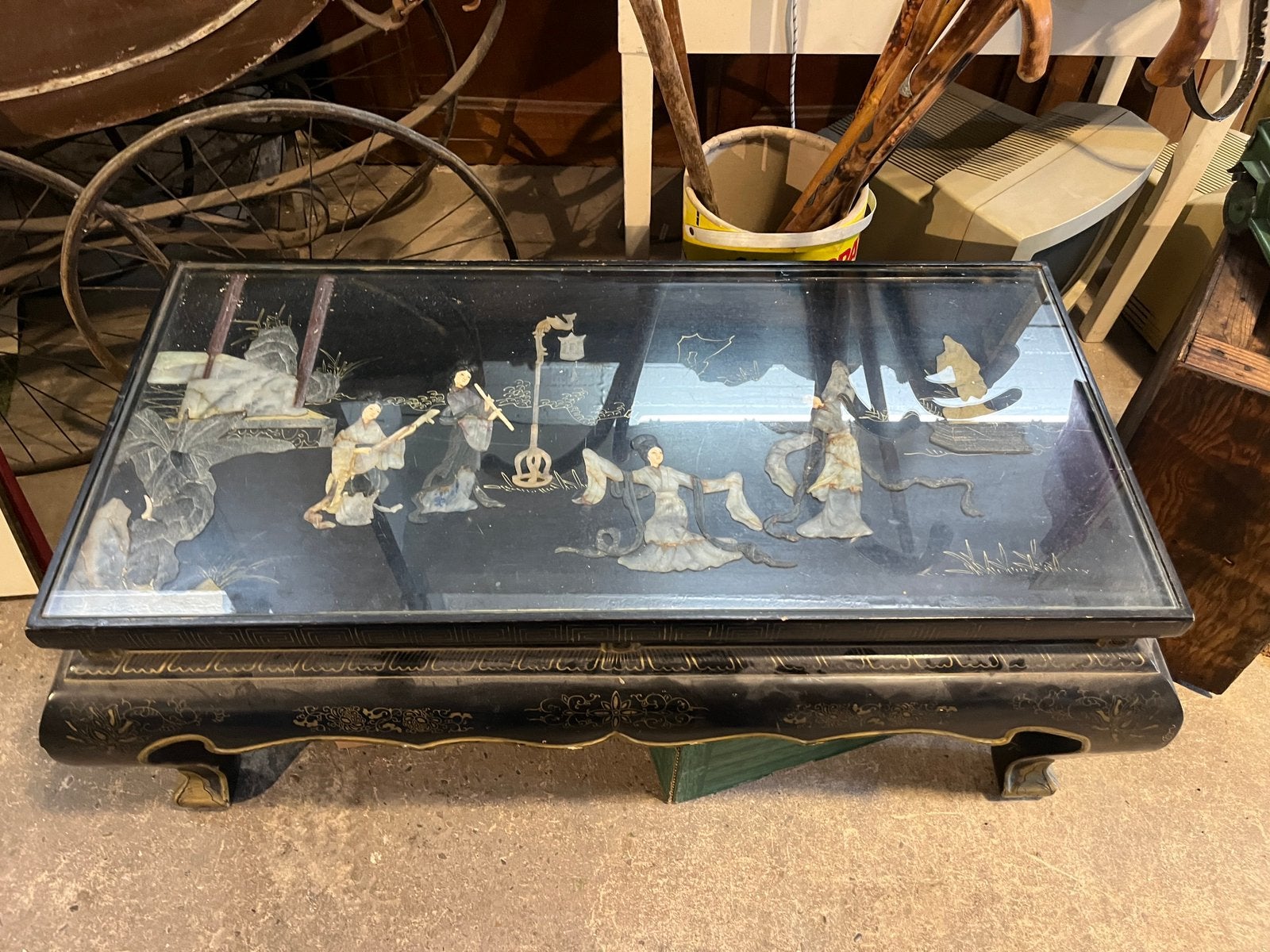 Chinese Hardstone Inlay Salontafel / Vitrinekast, Ophalen, Gebruikt, 100 tot 150 cm, 50 tot 100 cm