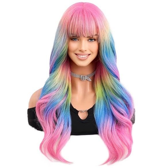 Multi color sorbet kleuren pruik lang haar met slagen met po, Verzenden, Nieuw