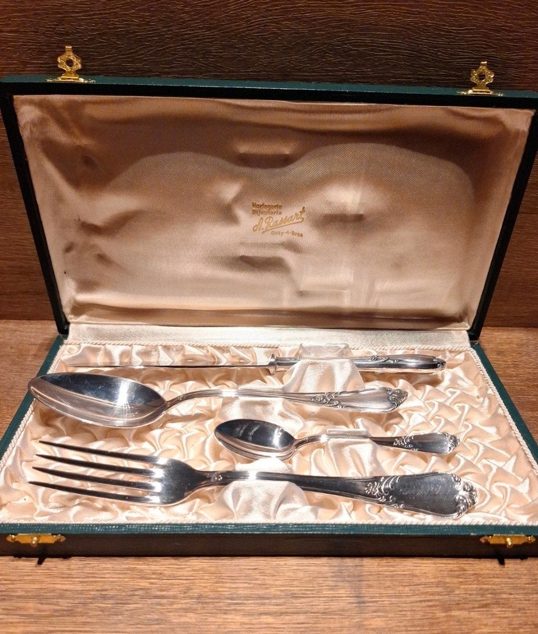 Service de baptême ancien en métal argenté avec coffret d'or, Envoi, Argent