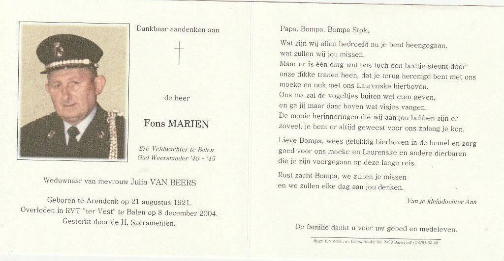 Veldwachter Balen Fons Mariën, Verzenden