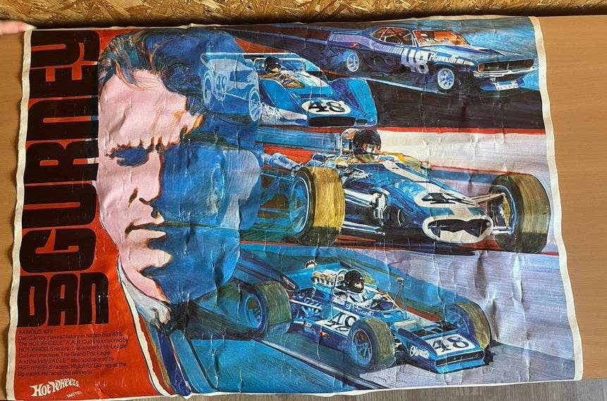 Originele Hot Wheels poster van Dan Gurney Famous 48' 1970, Ophalen, Gebruikt, Rechthoekig Liggend, Sport