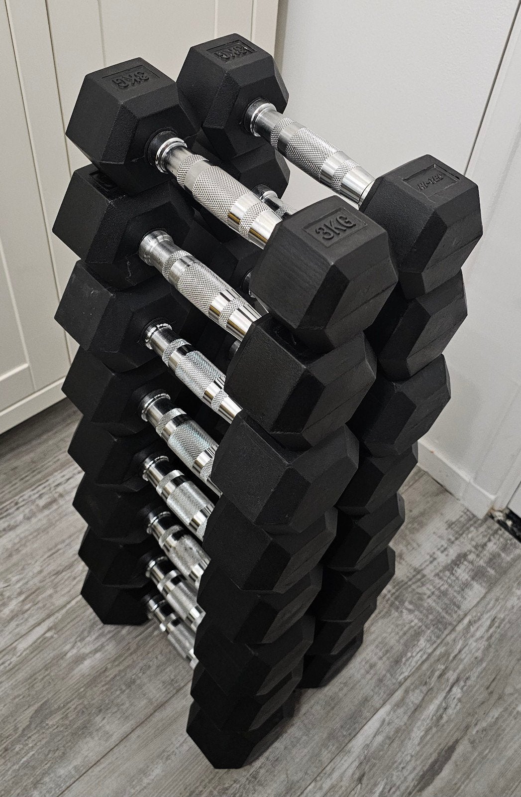 Hexa dumbells 3kg tm 10kg Totaal 106kg Hexagon, Enlèvement, Comme neuf, Bras, Haltère