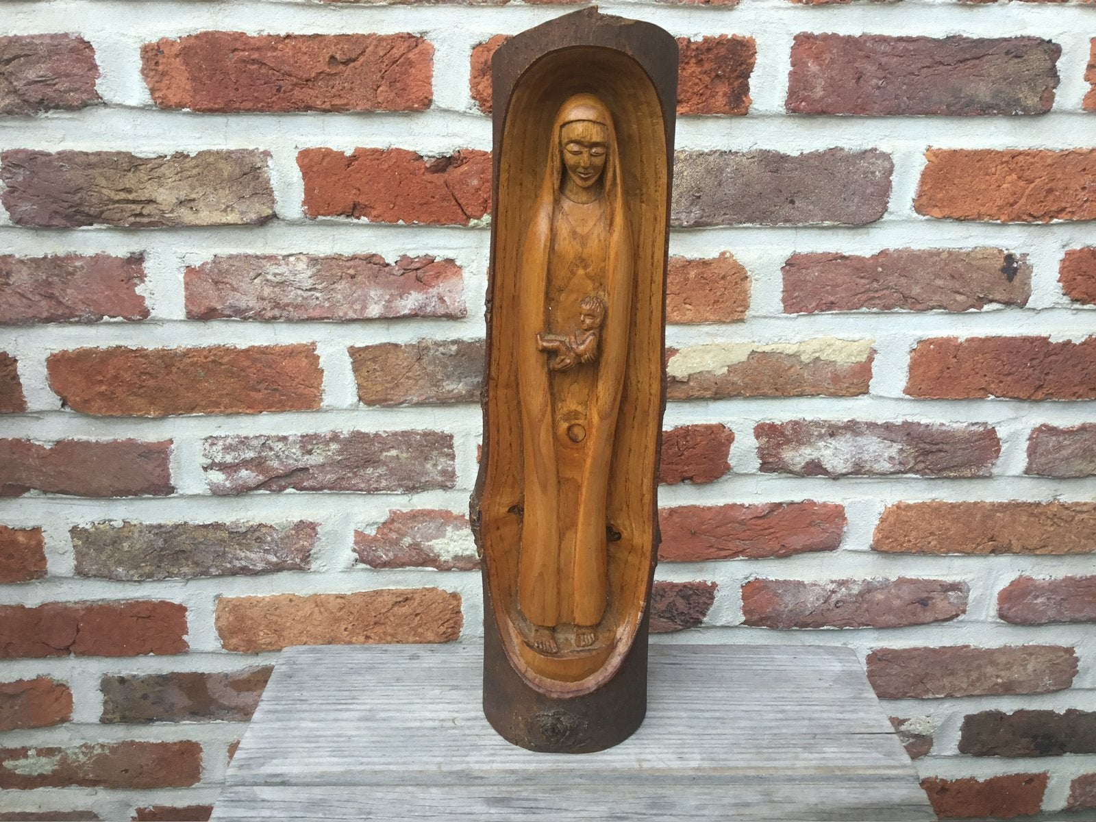 Houten Maria beeld met kindje Jezus 33 cm getekend, Antiek en Kunst, Ophalen of Verzenden