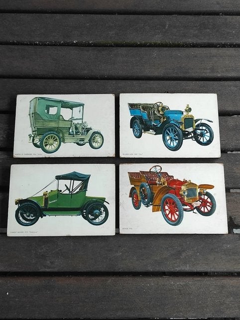 4 auto houten plaquettes oldtimers vintage autos Belgie, Ophalen