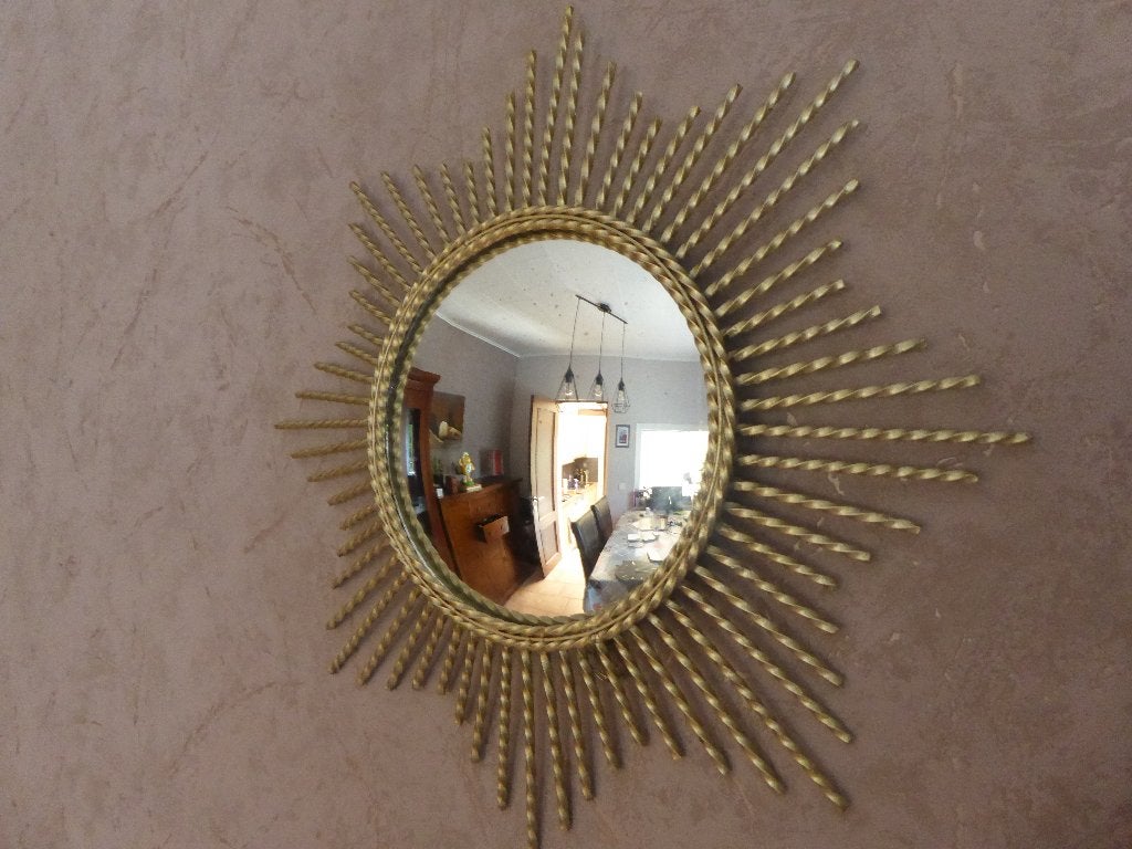 miroir soleil miroir oeil de sorcière métal miroir bombé, Antiquités & Art, Enlèvement, Rond, 50 à 100 cm, Moins de 100 cm
