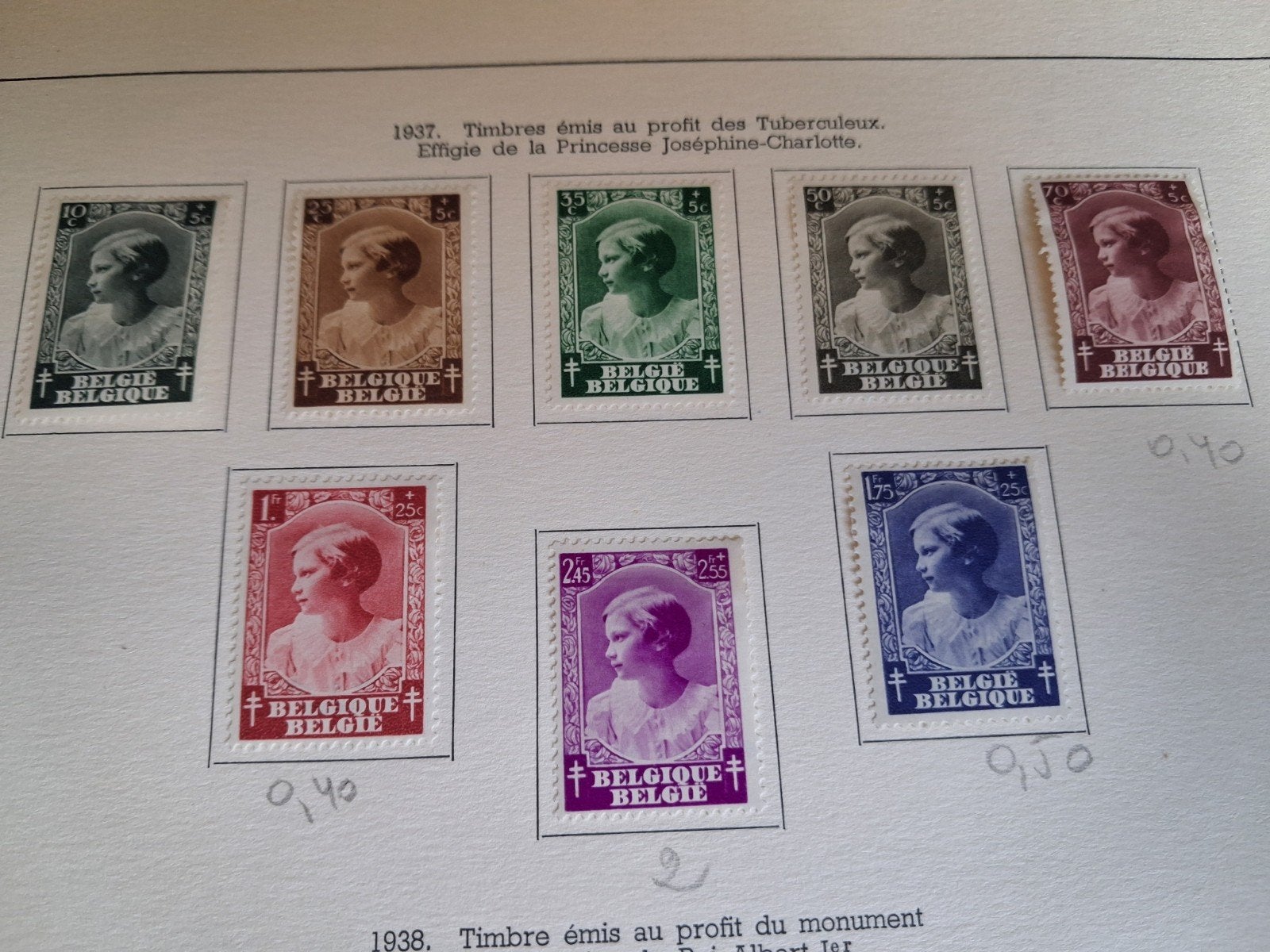 1937 timbres belges COB 458 à  465., Enlèvement ou Envoi