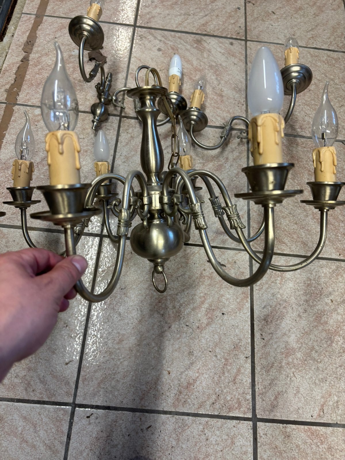 Lustre vintage 8 feux avec 2 appliques murales en étain, Enlèvement ou Envoi
