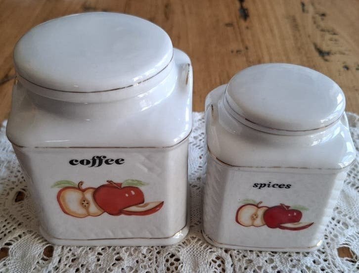 Vintage porseleinen kruiden & koffie potje, appel afbeelding, Enlèvement ou Envoi