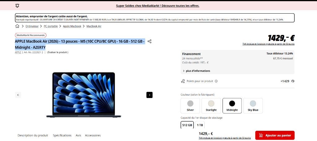 Mabook Air 2026 13pouce M5 16gb -512gb, Informatique & Logiciels, Neuf, 13 pouces, 512 GB, Enlèvement