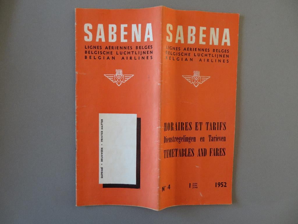 Sabena timetables and fares 1952 heilig bloedspel Brugge, Verzamelen, Ophalen of Verzenden, Zo goed als nieuw