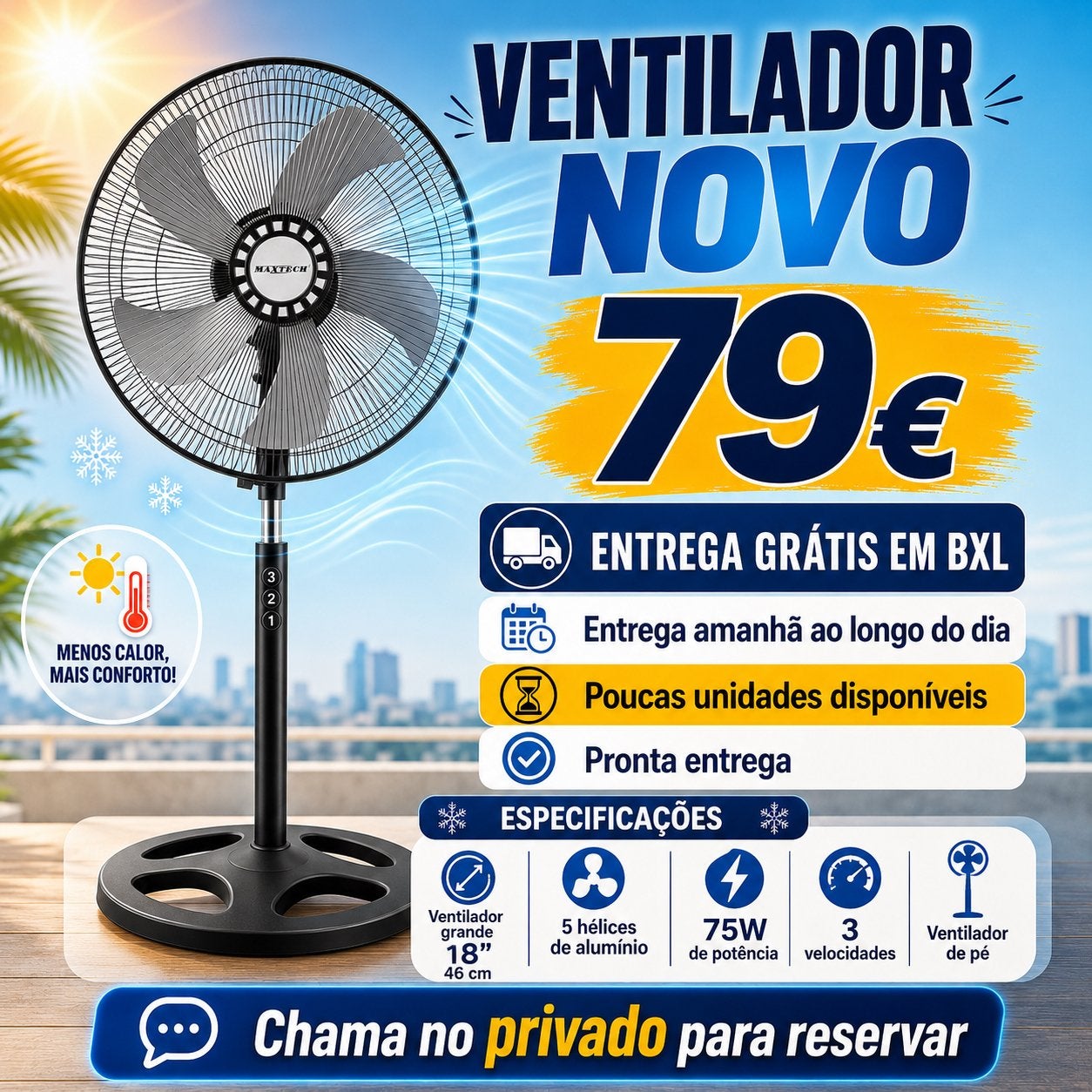 VENTILATEUR MAXTECH 46 CM / 18” – NEUF – 79€, Electroménager, Ventilateurs, Enlèvement, Neuf, Ventilateur de trépied