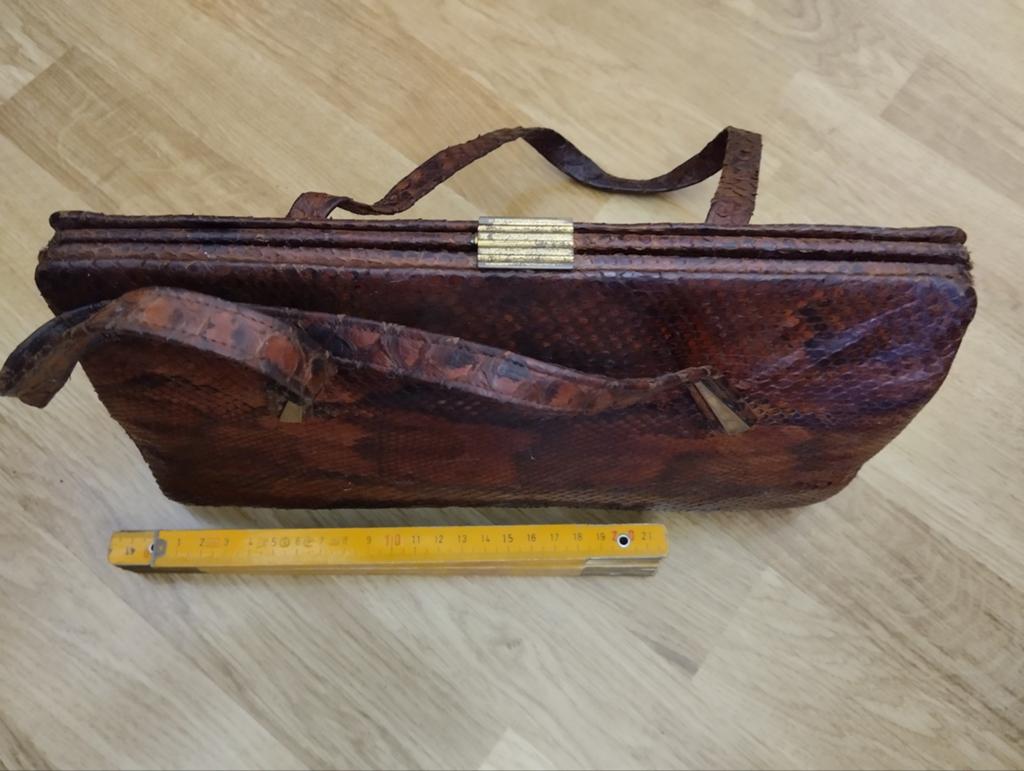 Retro / vintage handtas van bruin slangenleer, Handtassen en Accessoires, Koffers, Verzenden, Gebruikt, Leer