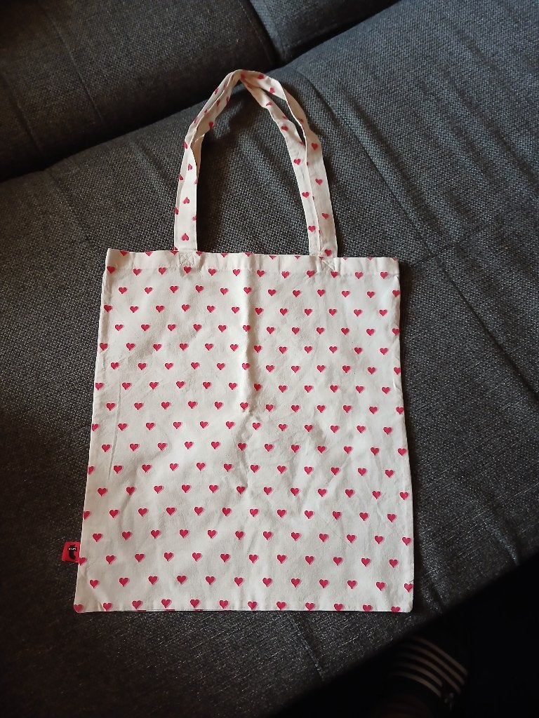 Stoffen tas met hartjes, Bijoux, Sacs & Beauté, Enlèvement ou Envoi, Utilisé, Beige, Shopper