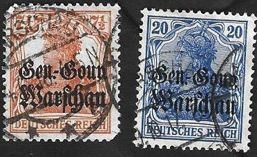 2 Postzegel Duitse Rijk Bezetting Polen 1916 Germania opdruk, Postzegels en Munten, Ophalen of Verzenden, Duitse Keizerrijk, Gestempeld