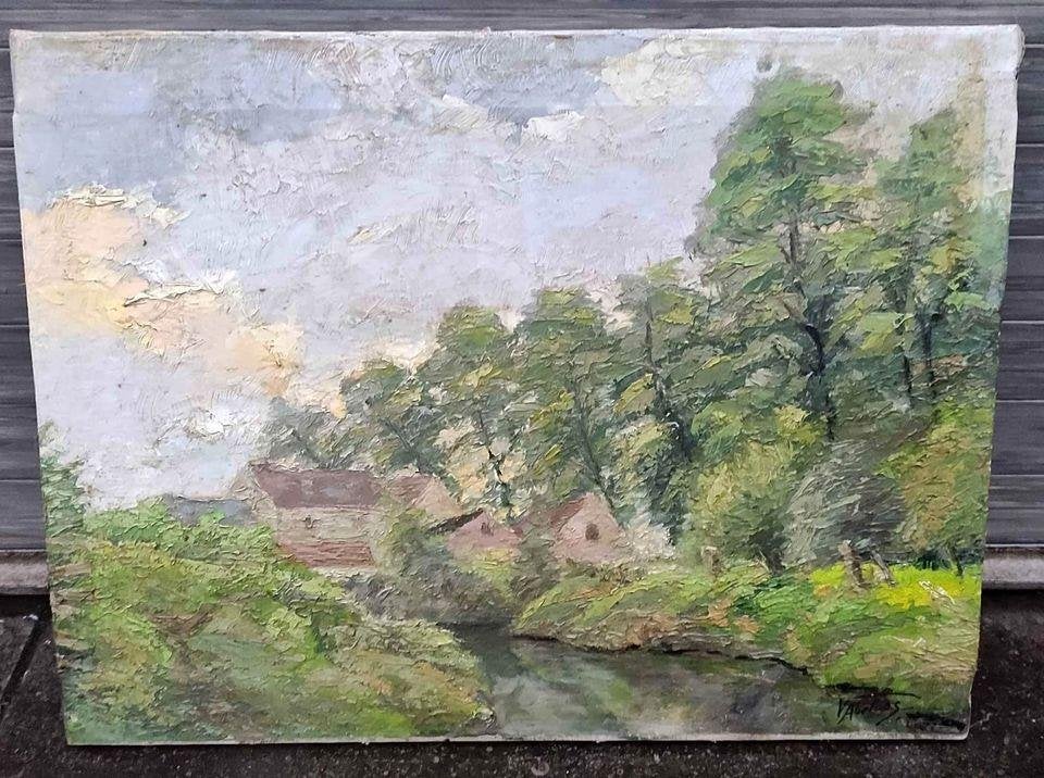 Huile sur toile paysage signe Victor abeloos, Antiquités & Art, Enlèvement ou Envoi, Paysage, Toile