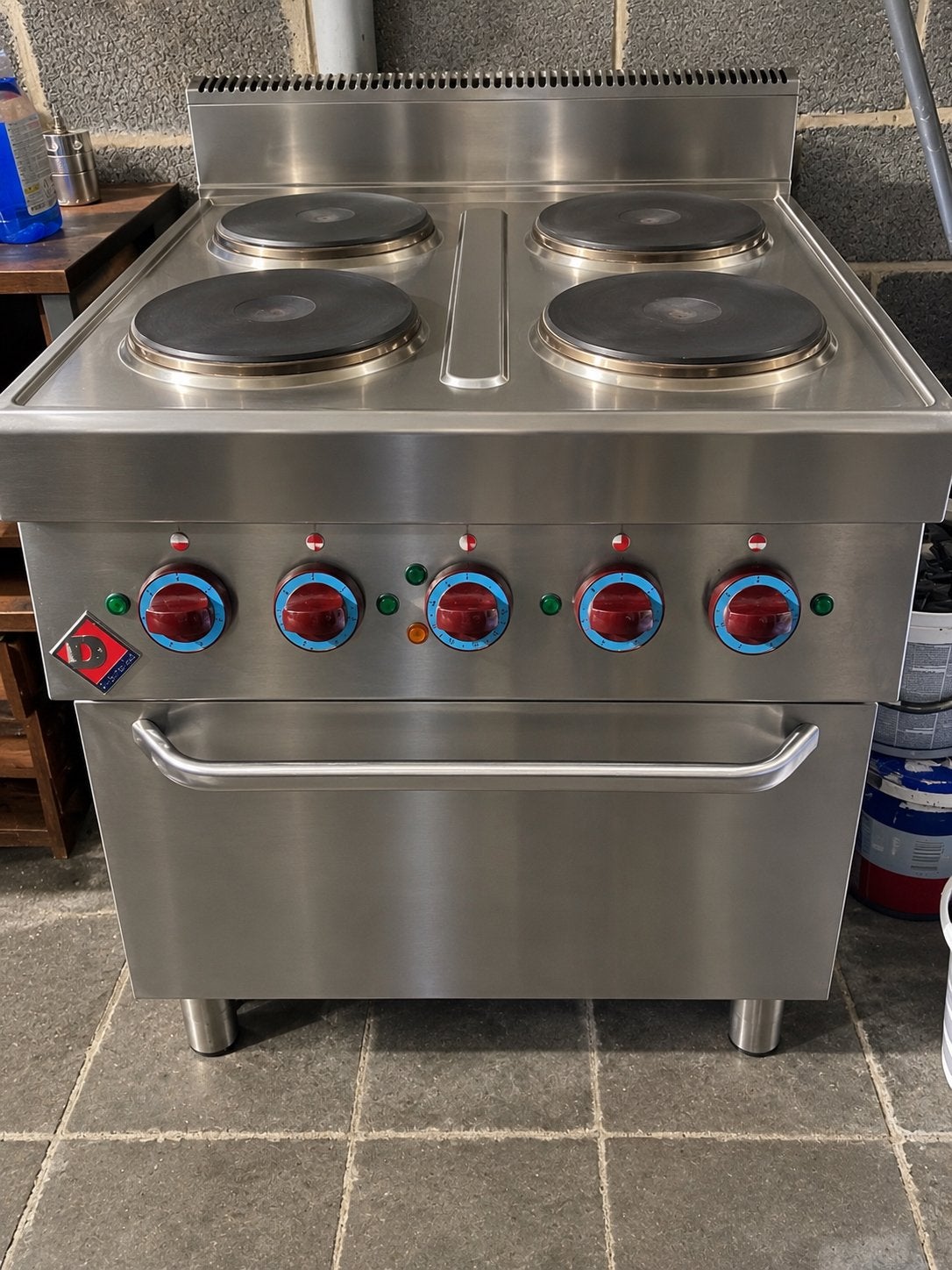 Professioneel RVS horeca fornuis – 4 elktr kookplaten + oven, Ophalen, Gebruikt, Fornuis, Frituur en Grillen