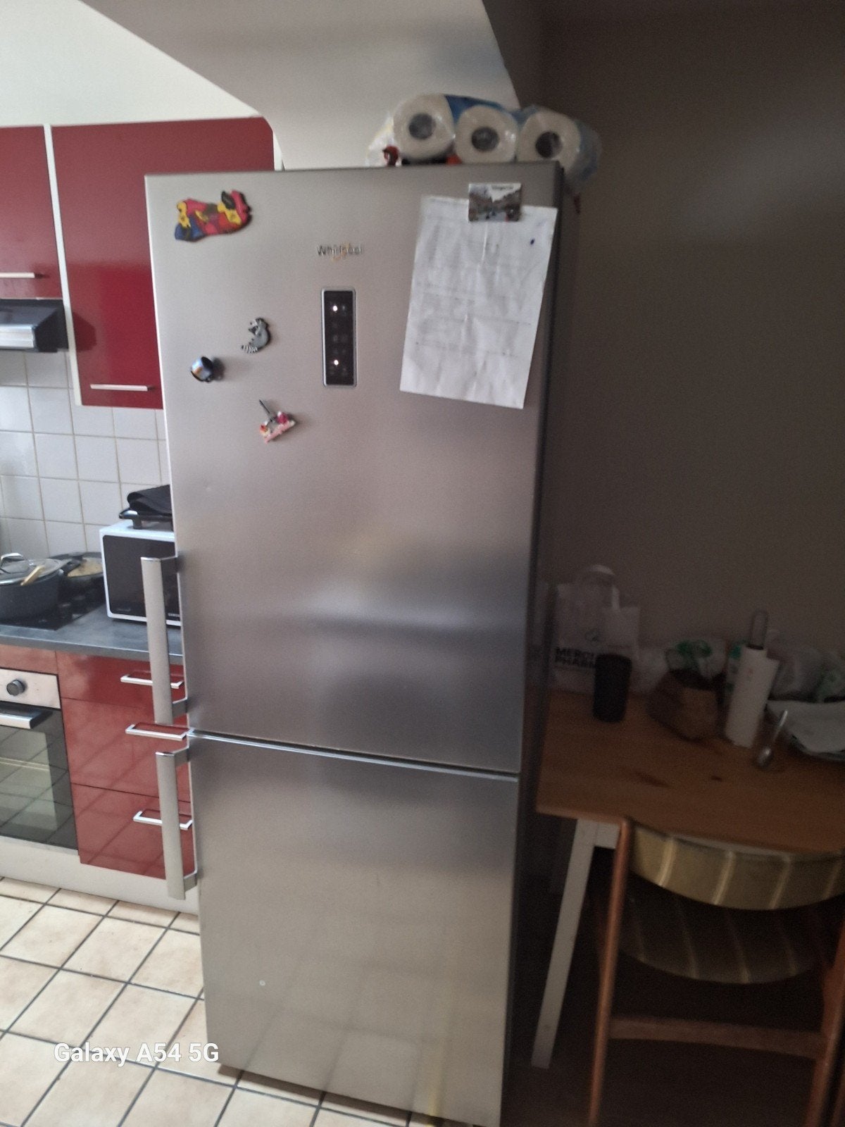 ROESTVRIJSTALEN WHIRLPOOL KOEL-VRIESCOMBINATIE — GROTE CAPAC, Elektronische apparatuur, Ophalen, Gebruikt, 200 liter of meer, 60 cm of meer