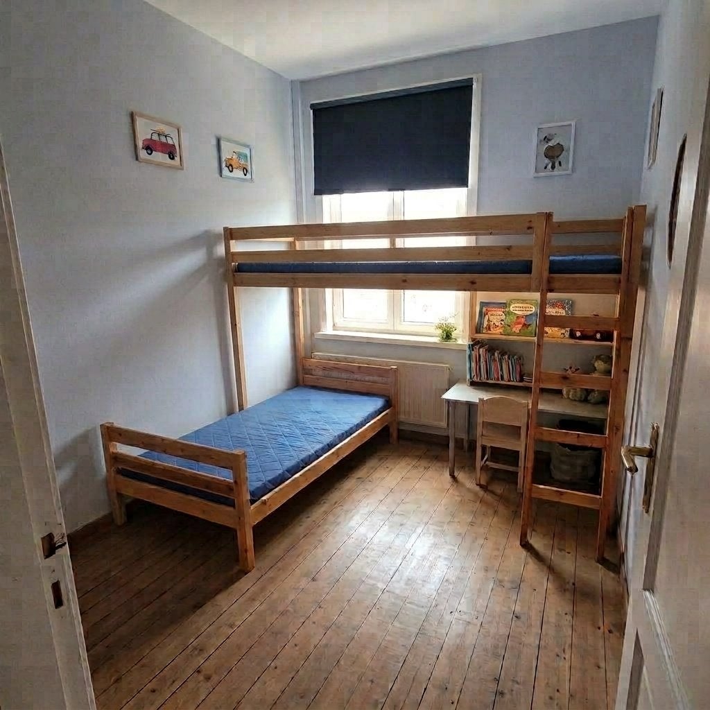 L-vormig houten stapelbed met ladder en opbergruimte, Ophalen, 90 cm, Eenpersoons, Zo goed als nieuw