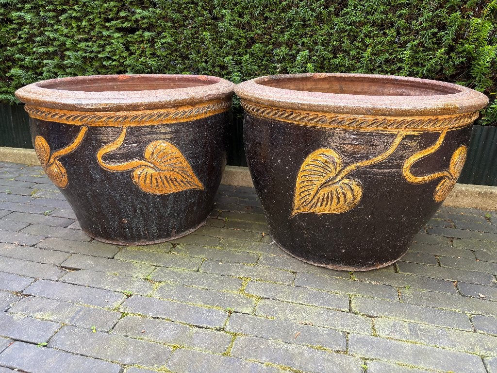 Set Prachtige Geglazuurde Terracotta Bloempotten, Tuin en Terras, Ophalen, 40 cm of meer, Rond, Zo goed als nieuw