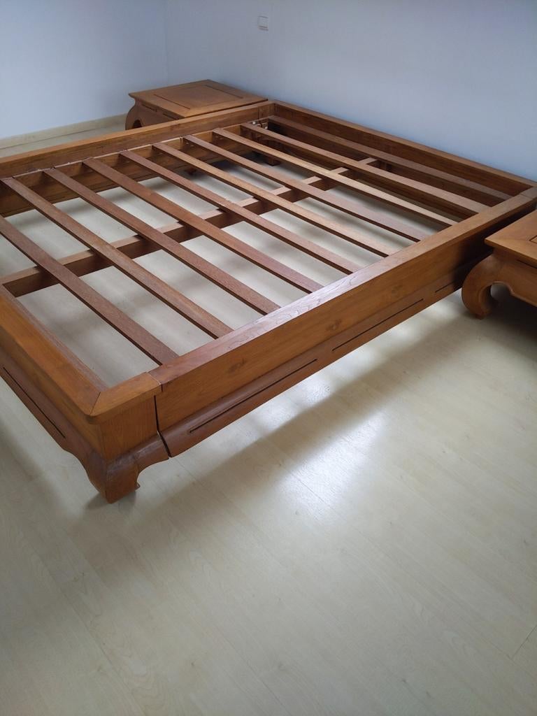 Lit Opium en teck 160 cm avec tables de chevet, Koloniaal/ tijdloos, Beige, Comme neuf, Enlèvement