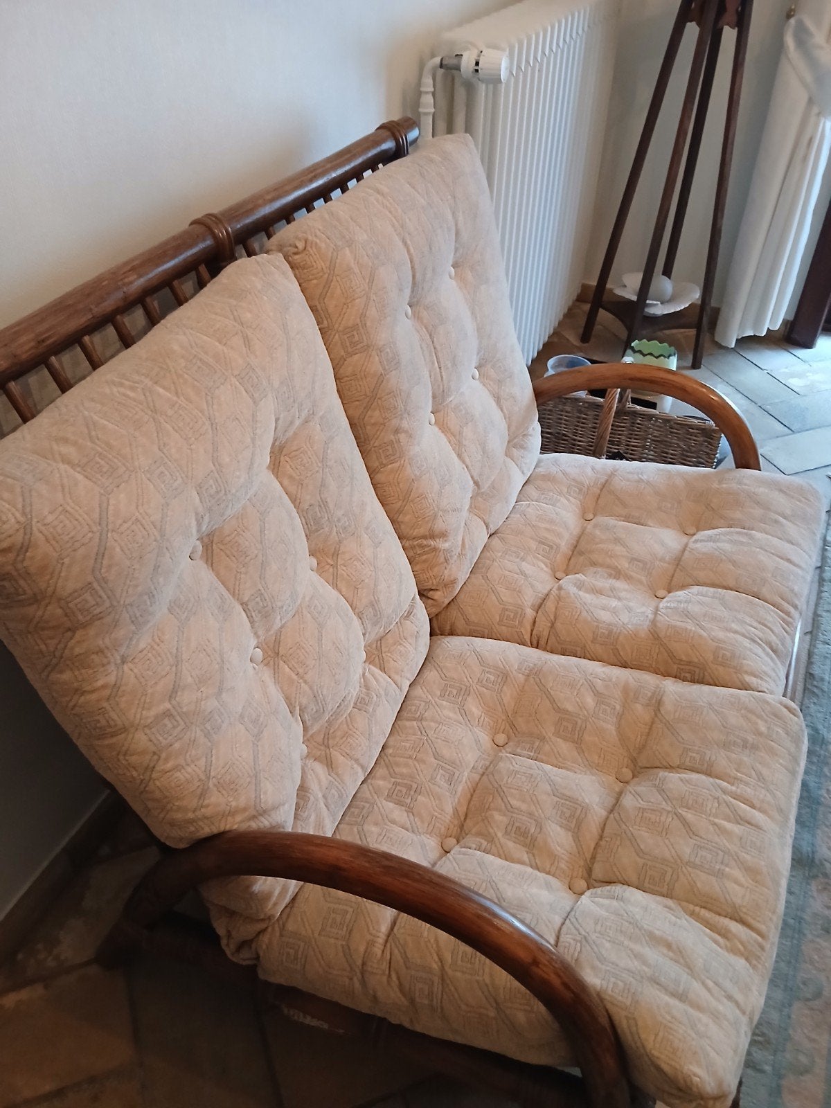 Complete bamboe/rotan loungeset – Tweezitsbank en 2 retro ze, Enlèvement