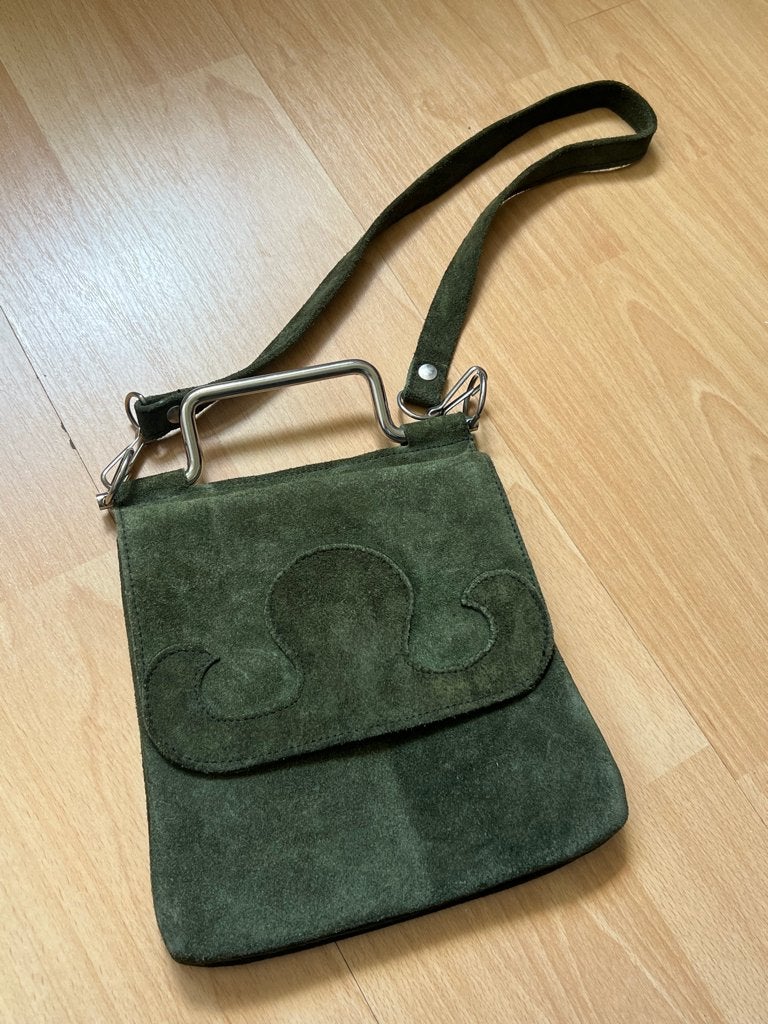 Lederen (daim) handtas RETRO groen, Ophalen of Verzenden, Zo goed als nieuw, Groen, Handtas