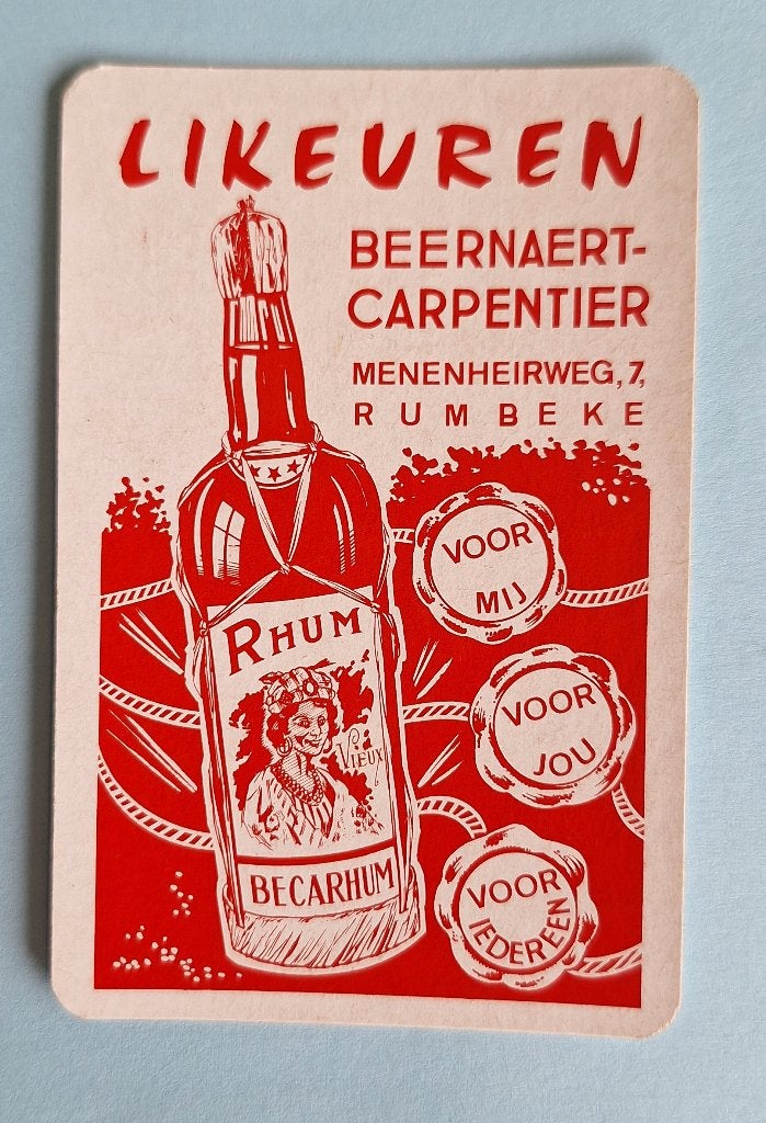Speelkaart Rumbeke_Beernaert Carpentier likeuren 2_rood_320, Ophalen of Verzenden, Gebruikt, Speelkaart(en)
