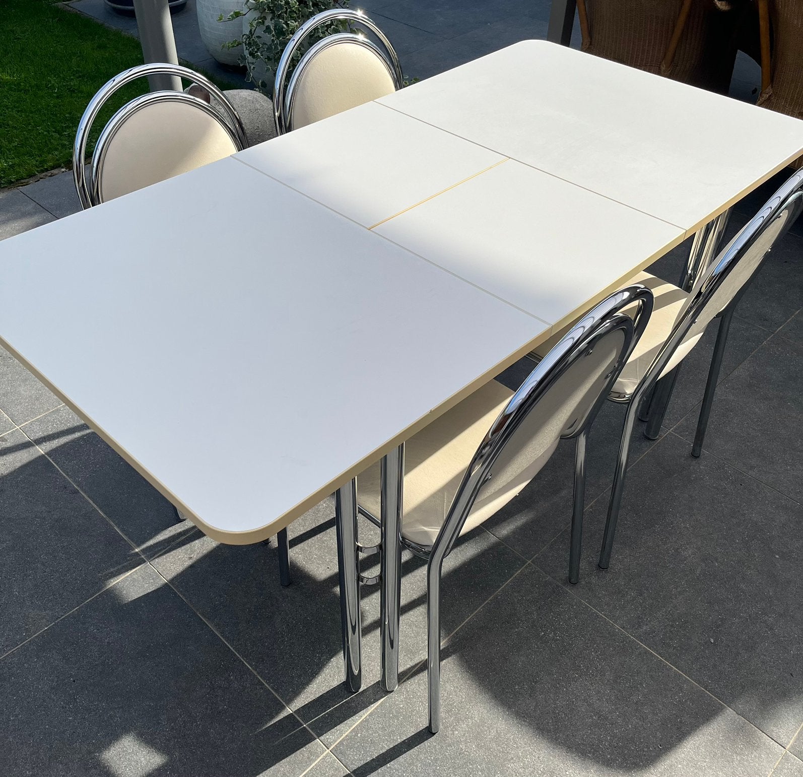 4 vintage stoelen ( bijpassende tafel ), Ophalen, Gebruikt, 100 tot 150 cm, 50 tot 100 cm