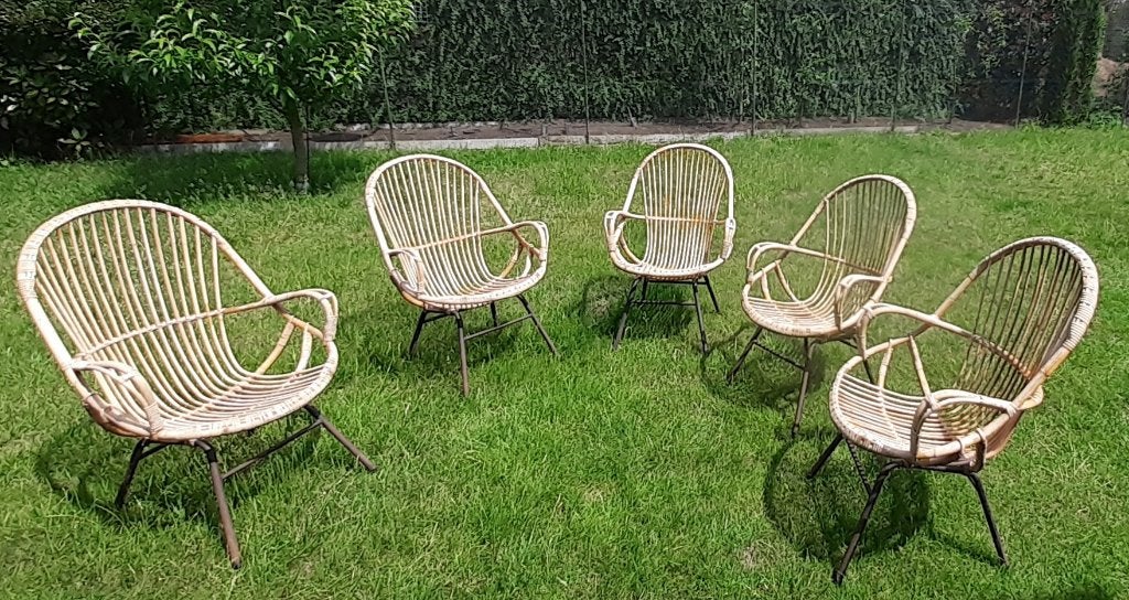 5 vintage rotan kuipstoelen, Ophalen, 5 zitplaatsen, Gebruikt, Rotan