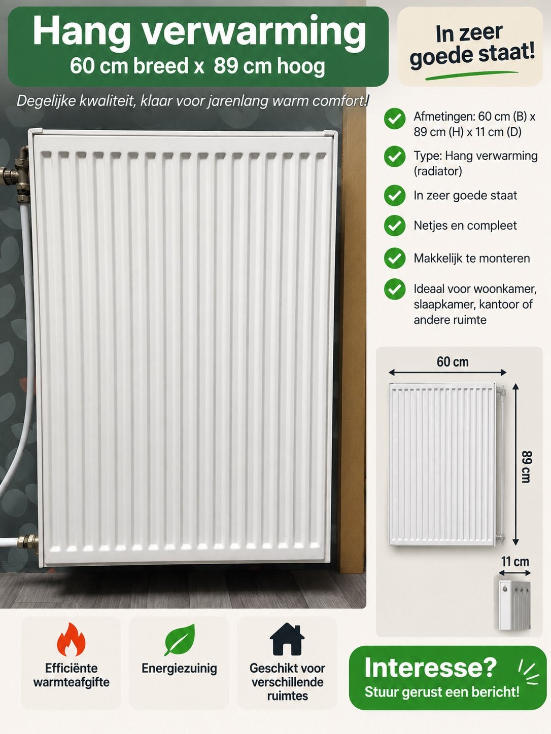 Witte hangradiator 60 x 89 cm – zeer goede staat, Enlèvement ou Envoi, Comme neuf, Radiateur