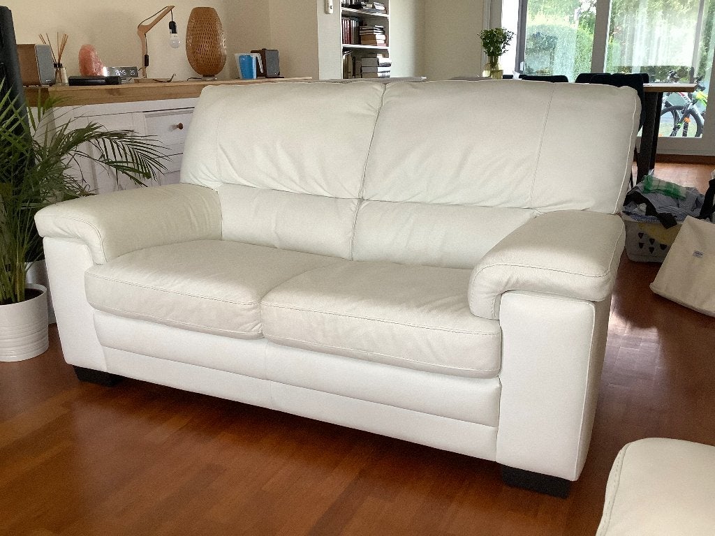 Salon complet en cuir blanc « Made in Italy » (3p + 2p + 1p), Modern., Enlèvement, Utilisé, Cuir
