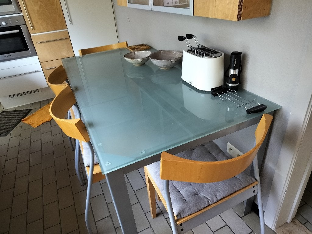 keukentafel met glazen blad, Huis en Inrichting, Ophalen, Gebruikt, 50 tot 100 cm, Glas