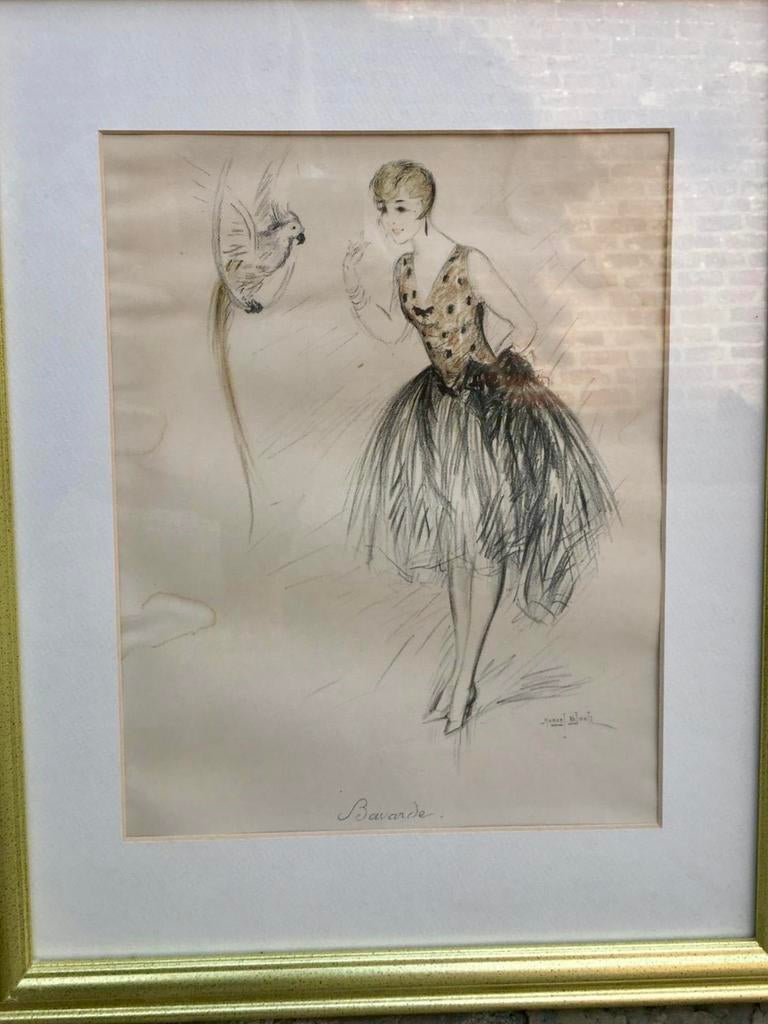 'Chatter' Louis Icart Stijl van een flapper met papegaai, Antiek en Kunst, Kunst | Etsen en Gravures, Ophalen of Verzenden, Origineel