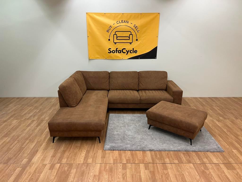 Cognac Hoekzetel met Poef Nieuwstaat / SofaCycle / Levering, Huis en Inrichting, Ophalen of Verzenden