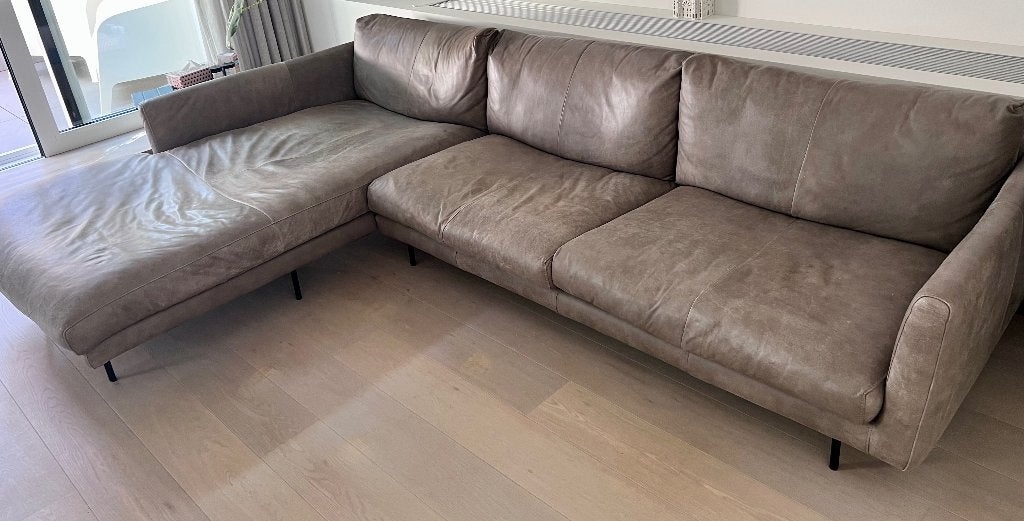 Lederen salon met long chair beschikbaar  + gratis poef, Trois personnes, Comme neuf, Enlèvement, 150 cm ou plus