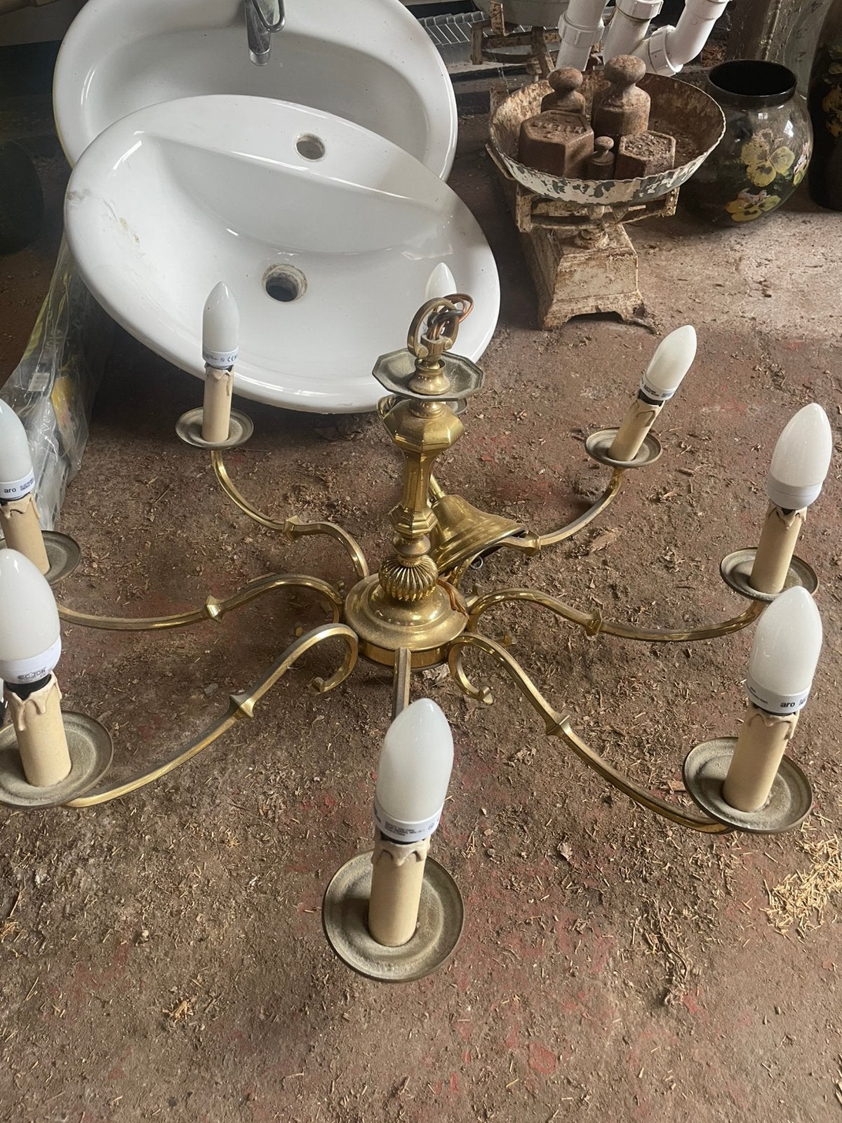 Brocante messing kroonluchter – kaarsfittingen – vintage, Ophalen, Zo goed als nieuw